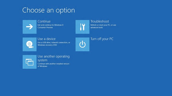 Choose an option: Continue, Use a device, Use another operating system ,Troubleshoot, or Turn off your PC