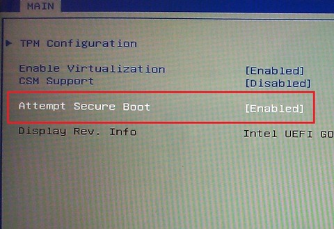 Image of a console with options for TPM Configuration: Enable virtualization [enabled], CSM Support [Disabled], Attempt Secure Boot [Enabled], Display Rev. Info - Intel UEFI...