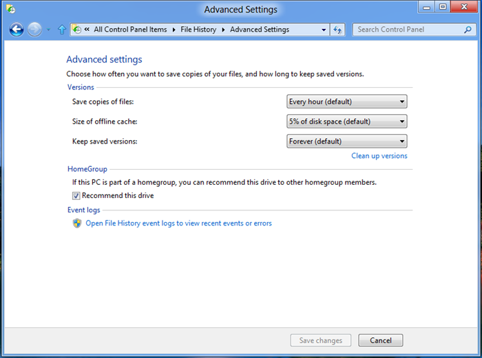 Screenshot of Advanced Settings page, including how often to save copies, size of offline cache, and how long to keep save versions