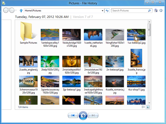 Screenshot of pictures library in File History view
