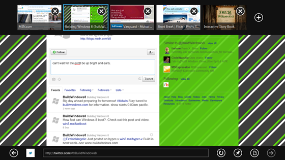 Изображение браузера в стиле Metro с открытым веб-сайтом BUILD, несколькими открытыми вкладками на веб-странице и адресной строкой в нижней части экрана.