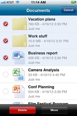 2개의 폴더와 여러 개의 문서가 포함된 SkyDrive 앱의 문서 폴더