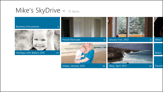 SkyDrive Майка, 12 элементов, включающих: Деловые документы (11), Отпуск с Бейкерами 2011 (279), Перепланировка дома (15), Икстапа 02.02.12 (186), Веселый январь 2012 (13), Музыка, Личные файлы