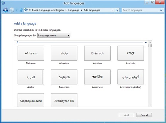 [言語の追加] / [検索ボックスを使用して、他の言語を探すことができます。]スクロールできる一覧に多数の言語が表示され、ユーザーはそこから選択できる。