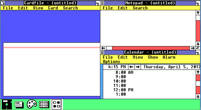 3 окна отображаются в макете сетки. Вдоль нижнего края экрана расположены значки дискеты, калькулятора, графической программы и еще 2 значка.