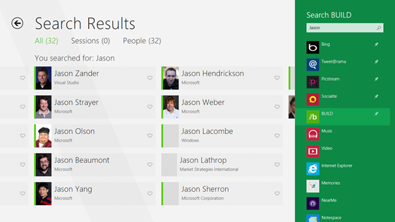 BUILD 앱에서 'Jason'을 검색하면 32명의 결과와 0개의 세션 결과가 반환됩니다.