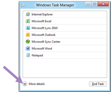 화살표로 '자세히' 보기 단추를 가리키는 Windows 8 작업 관리자의 기본 보기