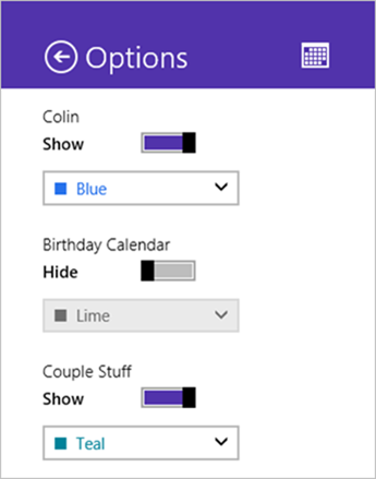 옵션: Colin의 일정 표시/숨기기, 파란색; 생일 일정 표시/숨기기, 라임색; 커플 일정 표시/숨기기, 청록색.