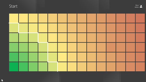 시작 단추에서 시작 화면의 타일에 이르는 시간을 나타낸 열 지도. 녹색 타일은 마우스에서 가장 가까운 왼쪽 아래 모서리에 있고, 노란색 타일이 중간에 있고, 오른쪽 맨 위의 빨간색 타일은 마우스에서 가장 멀리 떨어져 있습니다.