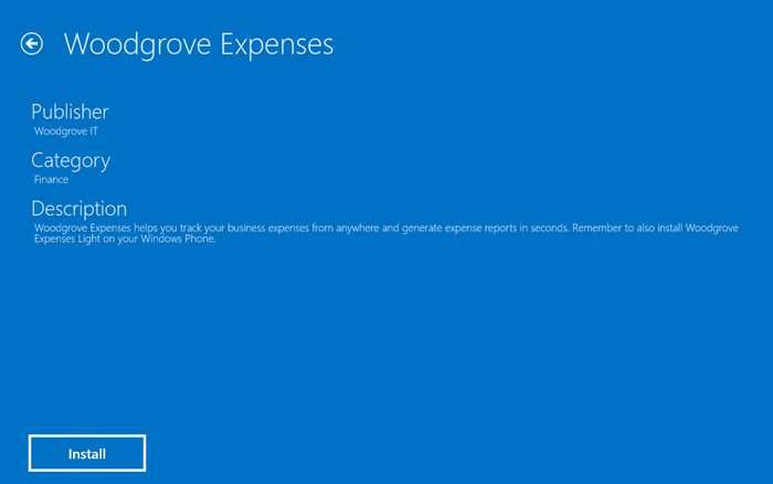 Woodgrove Expenses의 세부 정보 페이지에 표시되는 내용: Publisher, Category, Description 정보 및 Install 단추