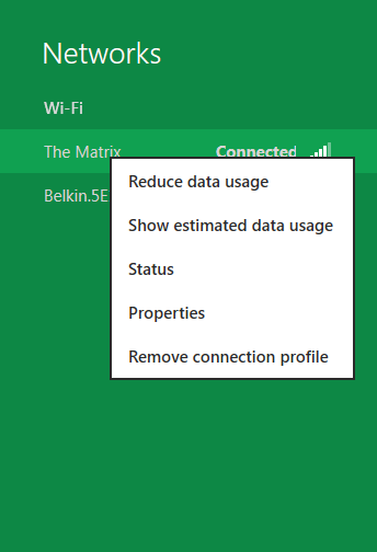Network context menu with these options: Reduce data usage / Show estimated data usage / Status / Properties / Remove connection profile
