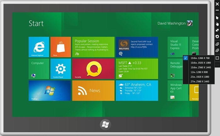 Начальный экран Windows 8 в симуляторе, в правой части которого находятся элементы управления для тестирования различных разрешений
