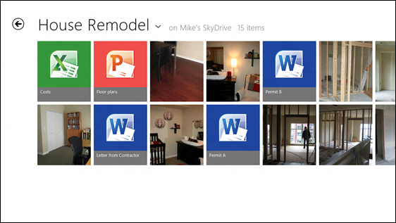 House Remodel 폴더에는 축소판 그림으로 표시된 몇 가지 이미지와 Word, PowerPoint 및 Excel 아이콘으로 표시된 기타 파일이 포함되어 있습니다.