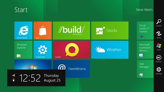 Tela de Início do Windows 8 com os recursos Pesquisar, Compartilhar, Iniciar, Dispositivos e Configurações mostrados ao longo da borda direita da tela