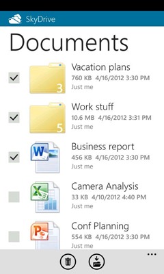 하위 폴더와 문서가 표시된 SkyDrive의 문서 폴더