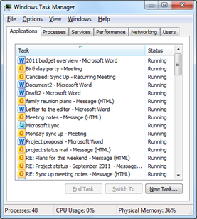 : Windows 7 작업 관리자의 응용 프로그램 탭 이미지 - 동일한 응용 프로그램의 인스턴스가 여러 개 표시되어 길게 스크롤되는 목록과 3개 단추(작업 끝내기, 전환, 새 작업)