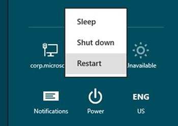 Menu over Power button: Sleep, Shut down, Restart