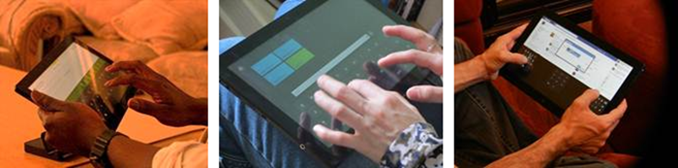 3 images of 3 common ways to hold a tablet and type