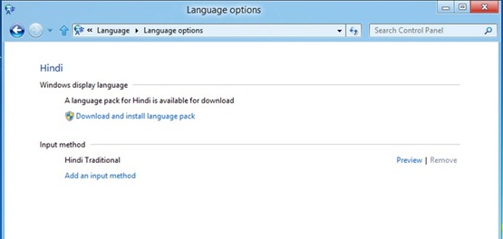 Hindi / Langue d'affichage de Windows / Un module linguistique pour l'hindi est prêt à être téléchargé / Lien : Télécharger et installer le module linguistique / Méthode d'entrée / Hindi traditionnel / Commandes : Afficher un aperçu ou supprimer / Ajouter une méthode d'entrée