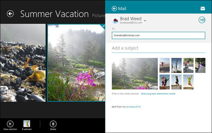 창의 왼쪽 절반에는 여름 휴가 앨범이 표시된 사진 앱이, 창의 오른쪽 절반에는 이메일 메시지 작성 창이 표시되어 있습니다. 다음에 제시된 사진에서 볼 수 있듯이, 작성 중인 메시지에 앨범의 이미지 축소판이 포함되어 있습니다.