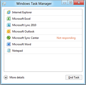 Windows 8 작업 관리자의 응용 프로그램 탭 이미지 - 실행 중인 7개의 응용 프로그램을 표시하는 단순한 목록과 1개 단추(작업 끝내기)