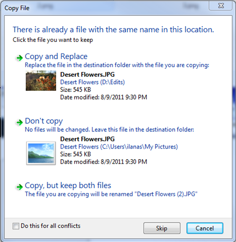 Рис. 3. Диалоговое окно разрешения конфликта в Windows 7