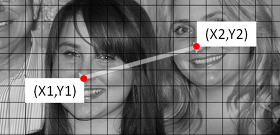Line between the noses of two people in picture shown with grid superimposed. Endpoints of line identified as (X1, Y1) and (X2, Y2)