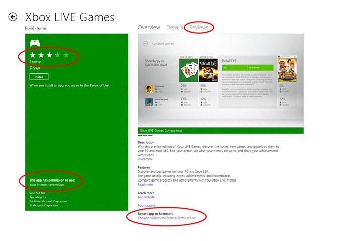 Страница с примером описания игрового приложения в Магазине Windows, содержащая оценки, отзывы, сведения о разрешениях и ссылку для отправки отзывов