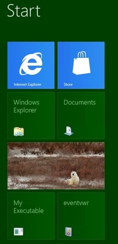 Часть экрана «Пуск» со следующими значками: Internet Explorer, магазин Windows, проводник Windows, папка Documents, рабочий стол, «My Executable» и «eventvwr»