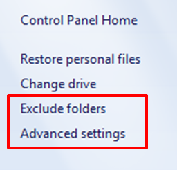 Screenshot of portion of control panel applet showing the Exclude folders and Advanced settings links
