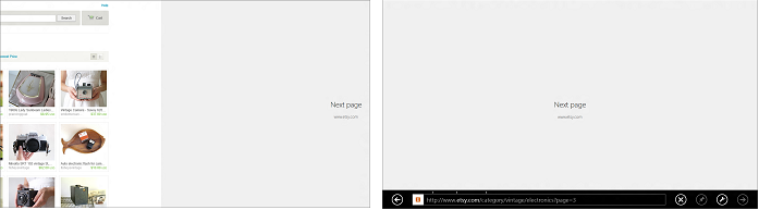 두 그림 모두 같은 웹 사이트이며 화면을 왼쪽으로 미는 모습입니다. "다음 페이지"라는 글자와 함께 모든 것이 회색으로 표시된 두 번째 화면