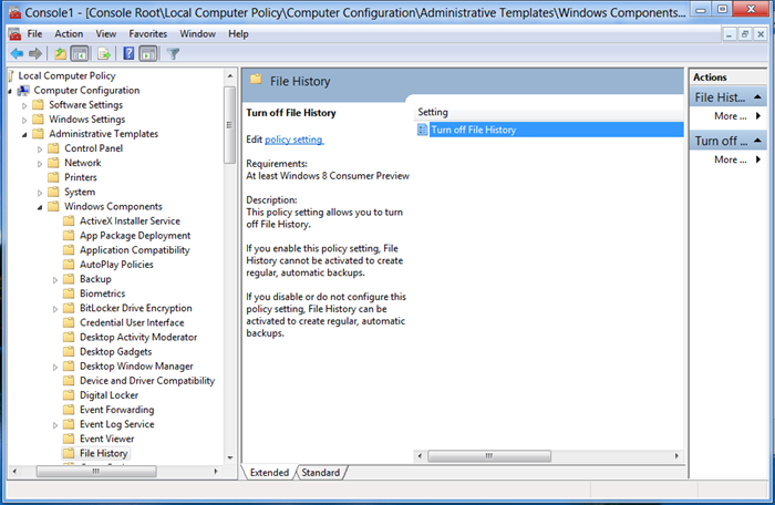 Screenshot of File History policy setting page, for enterprise IT administrators to turn off File History
