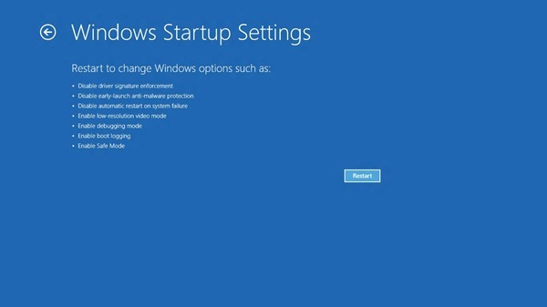Restart to change Windows options such as: Disable driver signature enforcement, Disable early-launch anti-malware protection, Disable automatic restart on system failure, Enable low-resolution video mode, Enable debuggng mode, Enable boot logging, Enable Safe Mode