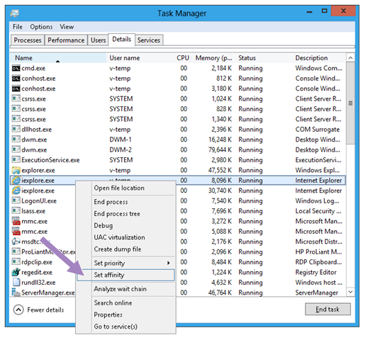 User has right-clicked "iexplore.exe" on the Details tab of Task Manager, which reveals context menu with commands for: Open file location, End process, End process tree, Debug, UAC virtualization, Create dump file, Set priority, Set affinity (shown selected), Analyze wait chain, Search online, Properties, and Go to service(s).