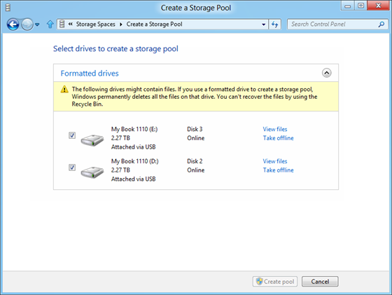 Select drives to create a storage pool. Image shows two drives selected.