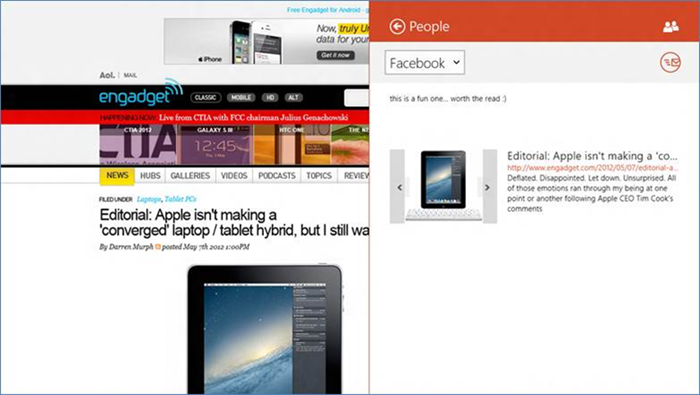 Веб-сайт Engadget с интерфейсом приложения "Люди" в правой части экрана. 