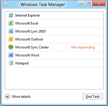 '응답하지 않는' 상태의 Microsoft Sync Center를 비롯하여 현재 실행 중인 7개의 응용 프로그램 목록 및 '작업 끝내기' 단추가 표시되는 Windows 8 작업 관리자의 기본 보기
