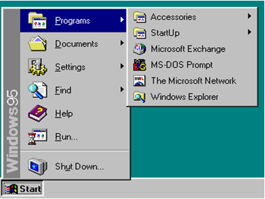 보조프로그램, 시작프로그램, Microsoft Exchange, MS-DOS 프롬프트, Microsoft Network 및 Windows 탐색기 등의 프로그램이 표시된 Windows 95 시작 메뉴