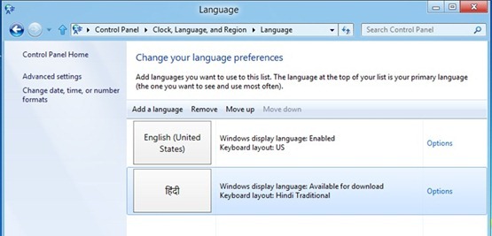 La page des préférences linguistiques dispose désormais de deux langues (l'anglais et l'hindi), ainsi que d'une commande Options pour chacune d'entre elles.