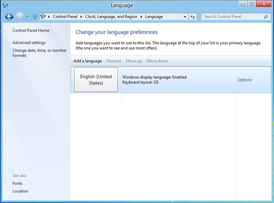 Заголовок диалогового окна: Изменение языковых параметров / Ссылка: Добавить язык / Английский (США) — единственный элемент в списке языков