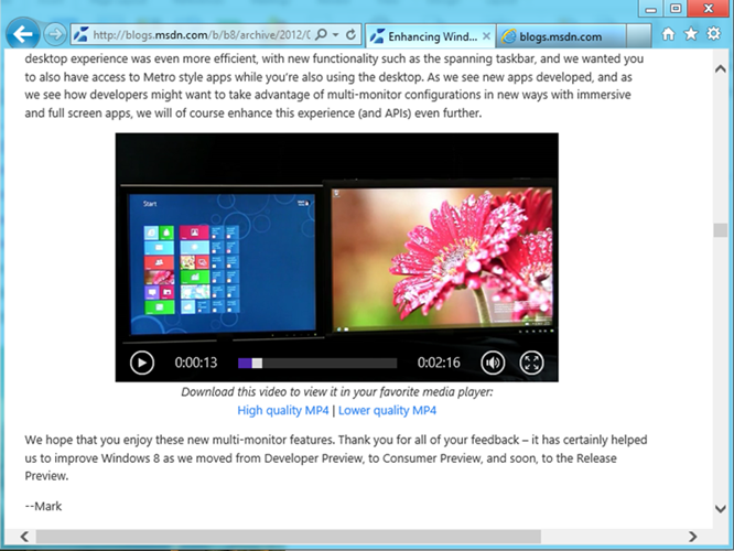 Изображение веб-страницы MSDN со встроенным воспроизводимым видео