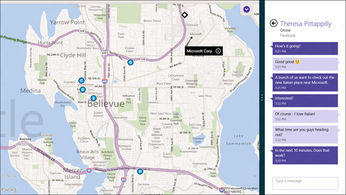 Карта города Бельвью в штате Вашингтон, на которой показано расположение офиса корпорации Майкрософт, занимает 3/4 экрана, а окно обмена сообщениями — 1/4 экрана справа
