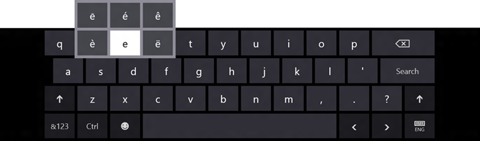 Клавиатура с меню, которое выводится при удерживании нажатой клавиши с буквой "e", включая букву "e" с различными диакритическими знаками