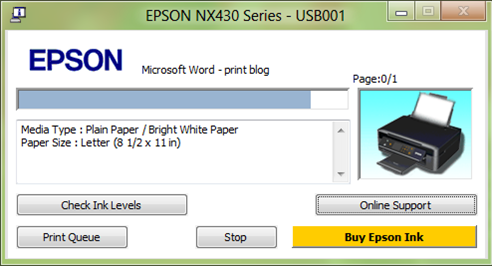 용지 종류 및 크기를 알리고, 잉크 수준을 확인하거나 Epson 잉크를 구입하거나 온라인 지원으로 이동할 수 있는 단추가 포함된 Epson 인쇄 대화 상자