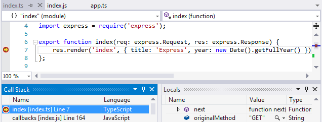 Node.js debugging in Visual Studio