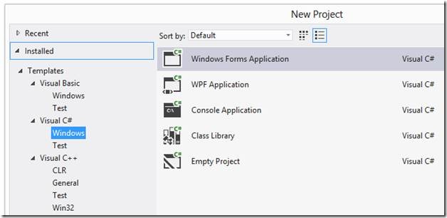 New Project dialog in Visual Studio Express 2012 for Windows Desktop