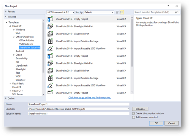 Visual Studio 2015 project for SharePoint Solutions