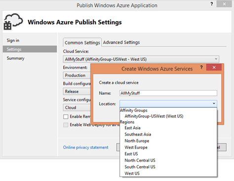 Windows Azure Publish Setting