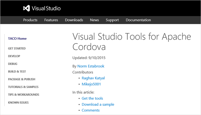 Home page for Visual Studio Tools for Apache Cordova documentation