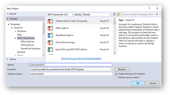Outlook add-in with Commands project in Visual Studio 2015
